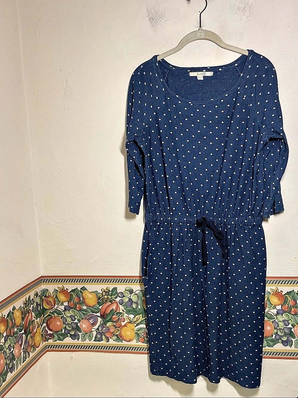 Boden Blue Polka Dot Cotton Jersey Drawstring Waist Dress Pockets Size US 6R
